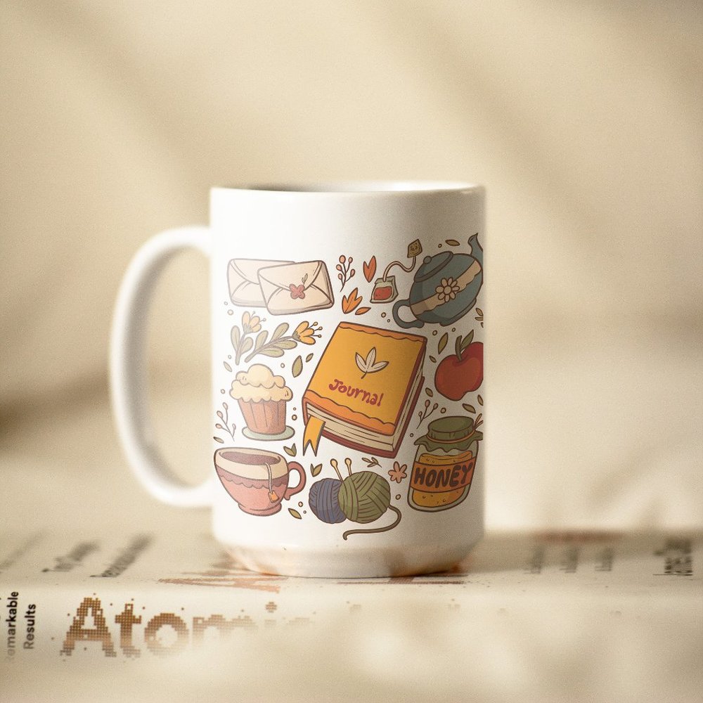 Autumn Cute Icons Coffee Mug. Thanksgiving Coffee Cup. Fall 15oz Ceramic Mug.